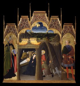 Adoración de los pastores entre los santos Agustín y Galgano de Pietro di Giovanni